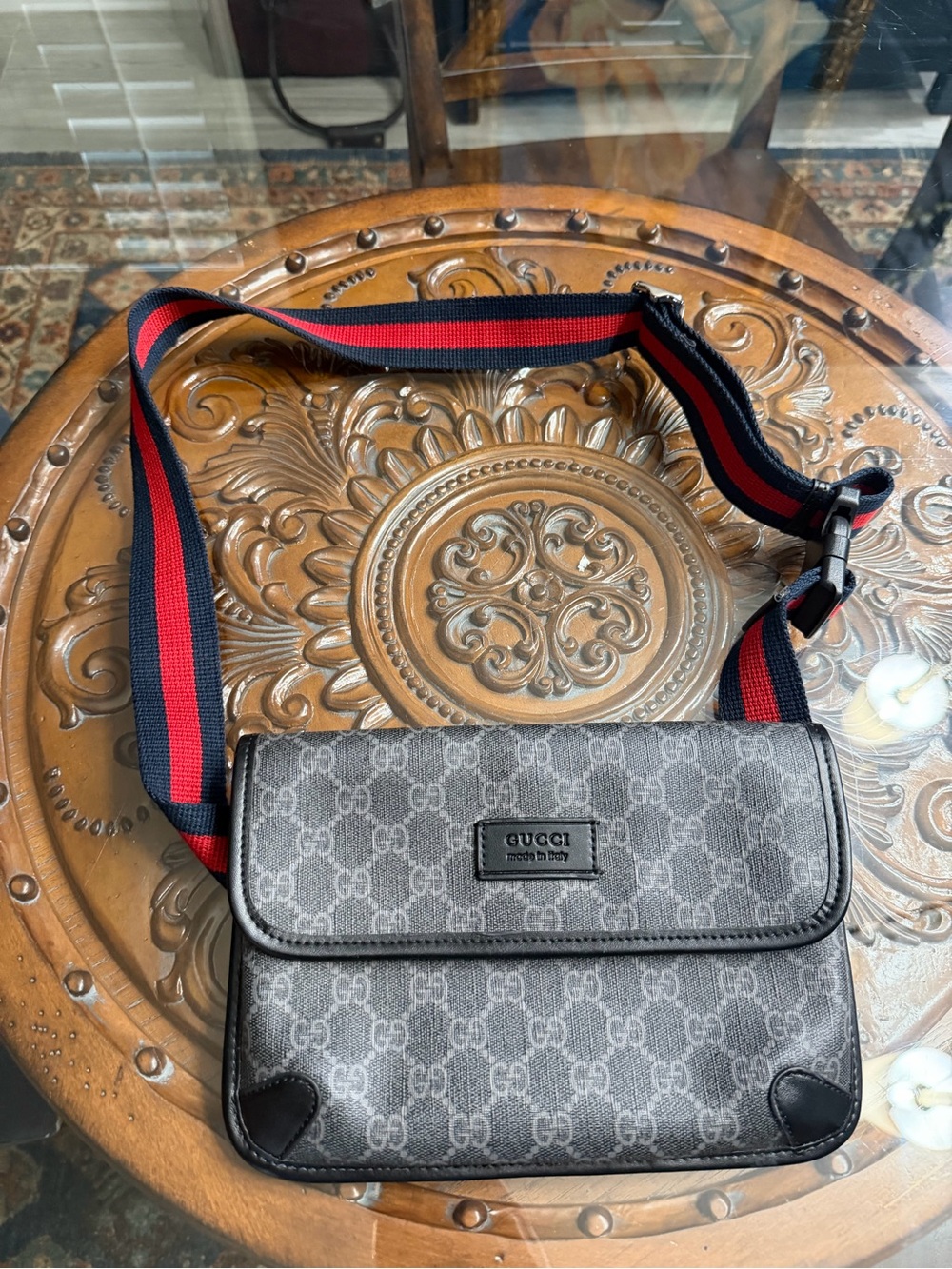 Gucci Gray GG Monogram Crossbody with Red-Blue Strap